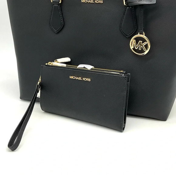 Michael Kors Bag Large Sheila Mf Tote Bag & Large Double Zip Wallet Black/Gold - Picture 8 of 10